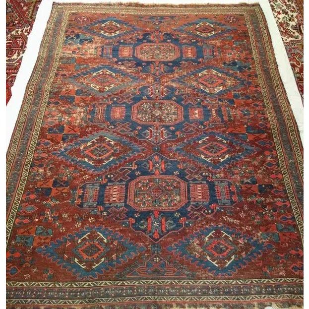 Brick Red Antique Caucasian Soumak Area Rug, Handwoven Wool, Allover Geometric Pattern, Red & Blue, 5x7 For Sale - Image 8 of 8