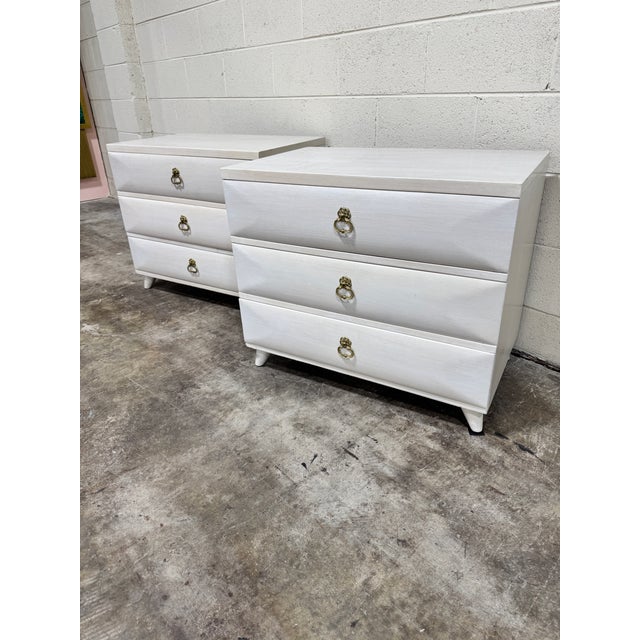 Precious pair of Dorothy Draper style night stands with fancy ring pulls. Paint has a few nicks and chips. Solid wood and...