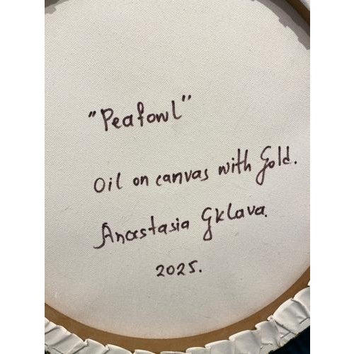 Anastasia Gklava, Peacock, Oil Painting with Gold Leaf on Circular Canvas, 2025 For Sale - Image 13 of 14