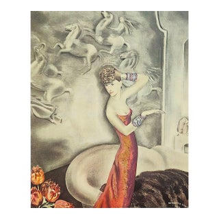 1934 French Art Deco Lithograph-Women at Home-Elegant Woman in Evening Dress For Sale