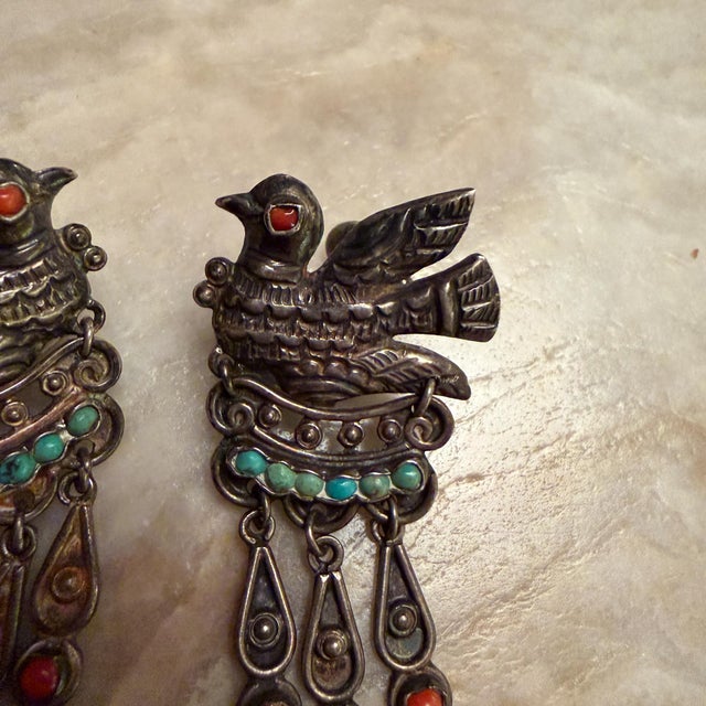 1940s Vintage DoveMexican Sterling Silver Earrings Matilde Poulat Matl Turquoise Coral For Sale - Image 5 of 15