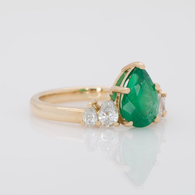 Metal Gia Certified Colombian Emerald & Natural Diamond Ring: Solid 14k Gold, Pear Cut, Size 6.75 For Sale - Image 7 of 9