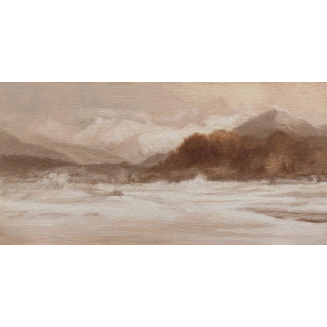 Valley Sunrise Tonal Study by Rob Alexander | Oil on linen panel Landscape with mountains and water For Sale