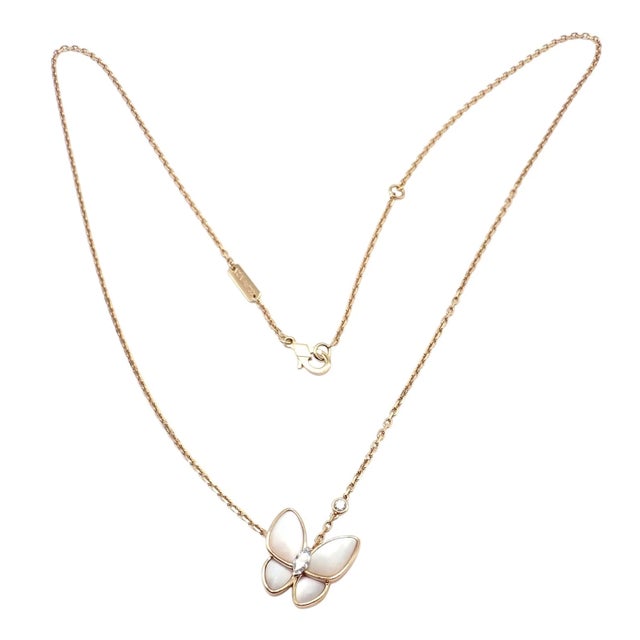 Van Cleef & Arpels Rose Gold Diamond MoP Two Butterfly Pendant Necklace Cert For Sale - Image 10 of 11