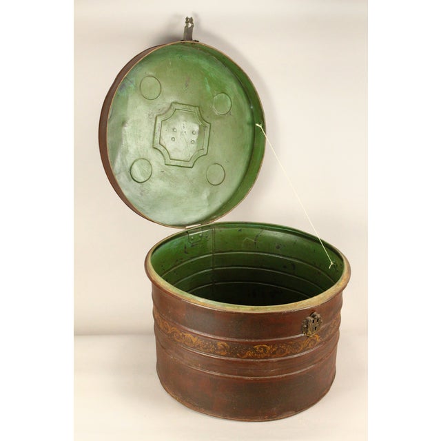 Late 19th Century 19th C. Victorian Tin Tole X-Large Hat Box W Lock 23" X 16.5" For Sale - Image 5 of 17