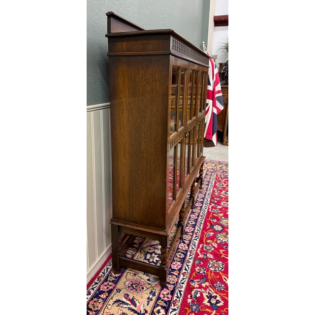 Antique English Jacobean Bookcase Bookshelf Cabinet Triple Glass Door Oak C1930s For Sale - Image 16 of 18