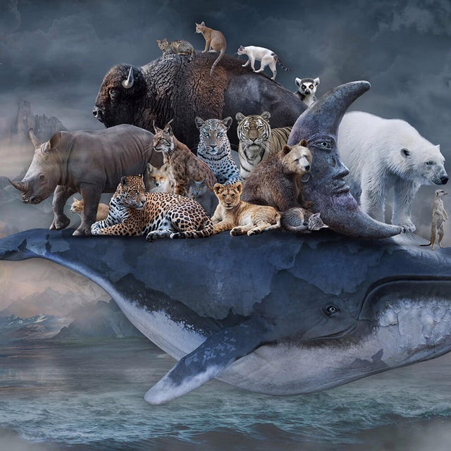This artwork presents a surreal composition where a majestic whale serves as a floating sanctuary for a diverse array of...