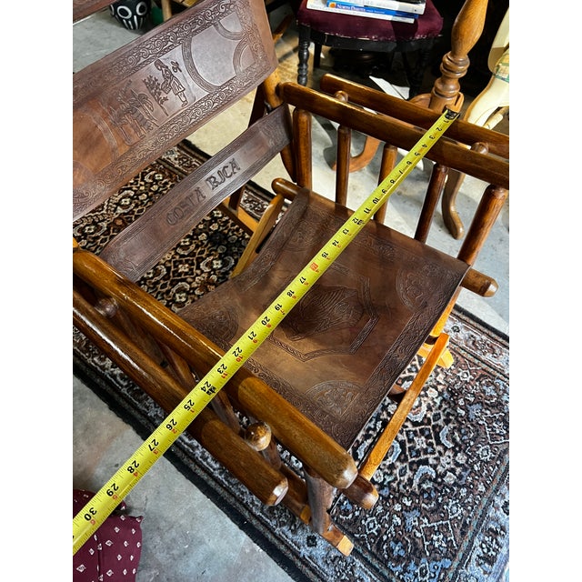 Wooden and Leather Handmade Rocking Chair With Costa Rica Birds Design For Sale - Image 11 of 12