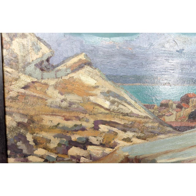 Mediterranean Coastal Town, France, 1930, Oil on Panel, Framed For Sale - Image 4 of 15