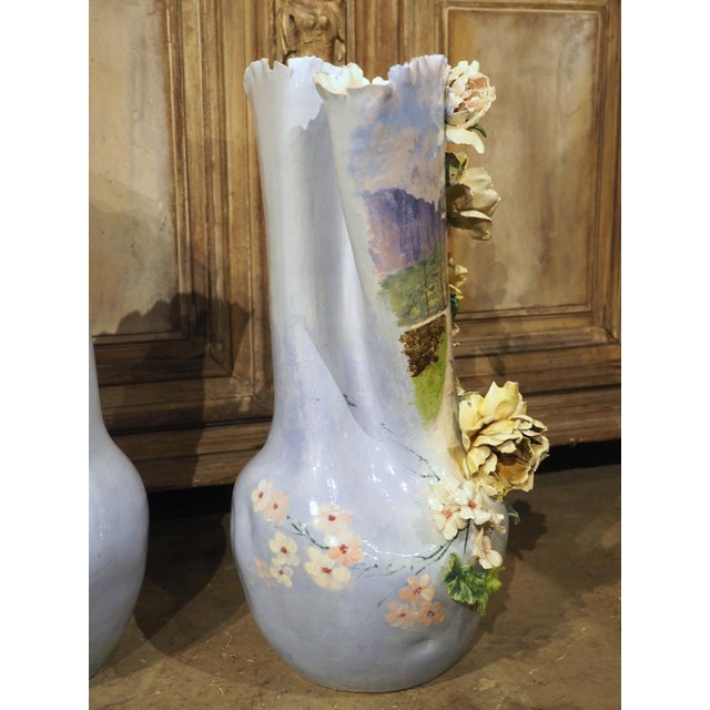 Pair of Circa 1890 Hand Painted French Gros-Relief Blue Ground Barbotine Vases For Sale - Image 14 of 18