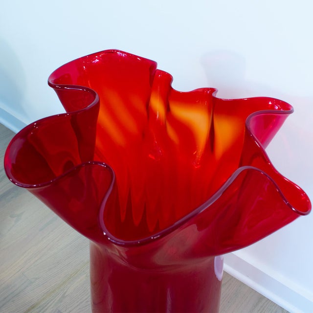 Contemporary Monumental Ruby Red Murano Art Glass Fazzoletto Vase by Venini For Sale - Image 3 of 13