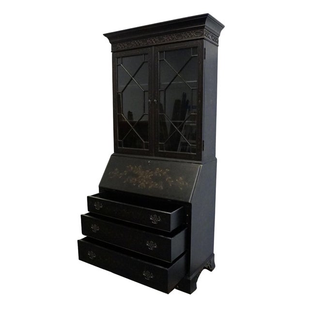 Ethan Allen Newport Collection Contemporary Asian Inspired Black 41" Secretary Desk W. Bookcase Hutch Top 34-9408 For Sale - Image 10 of 17
