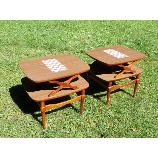 Mid-Century Tiled Checkerboard Danish Style Side Tables by Reiss Furniture, c. 1960s. Features 2 tier configuration with...