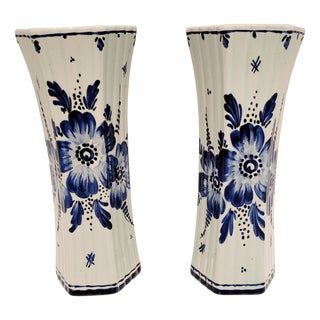 Vintage Blue Hand-Painted Floral Vases from Delft, 1920s, Set of 2 For Sale