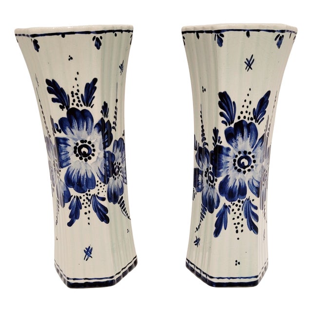 Vintage Blue Hand-Painted Floral Vases from Delft, 1920s, Set of 2 For Sale