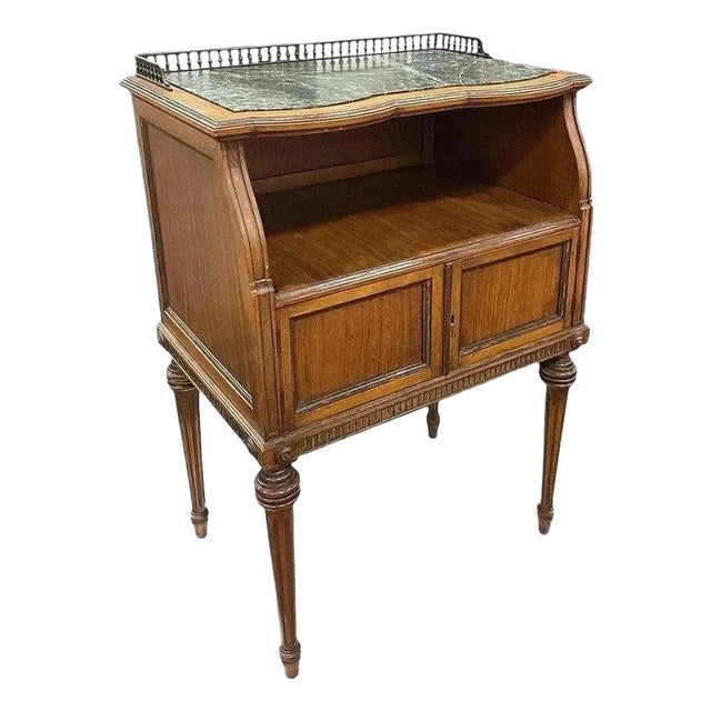 Antique French Nightstand With Marble Top & Brass Gallery For Sale