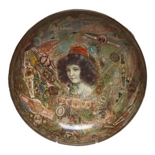 Vintage Folk Art/Tramp Art Tobacciana Cigar Band Decoupage Glass Decorative Bowl For Sale