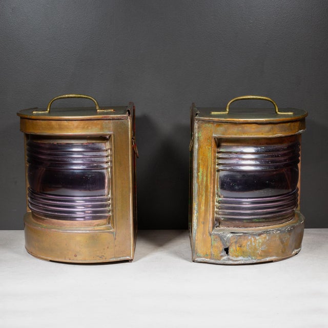 Metal Pair of Early 20th Century English Copper and Brass Ship Lanterns For Sale - Image 7 of 13