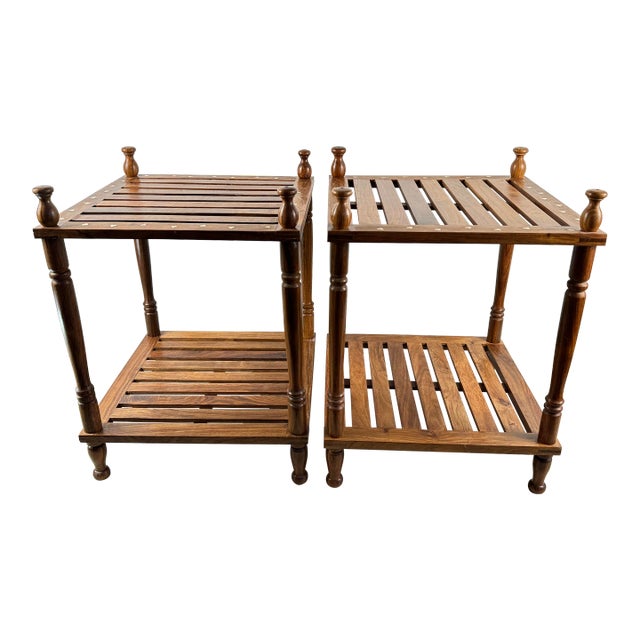 Late 20th Century Pair of 2 Tier Rack Style Tea Tables With Brass Floral Design Inlay For Sale