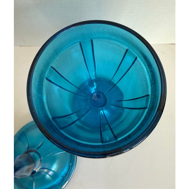 Glass Early 20th Century Iridescent Peacock Blue Lidded Pedestal Candy Jar, Attributed to Fenton For Sale - Image 7 of 11