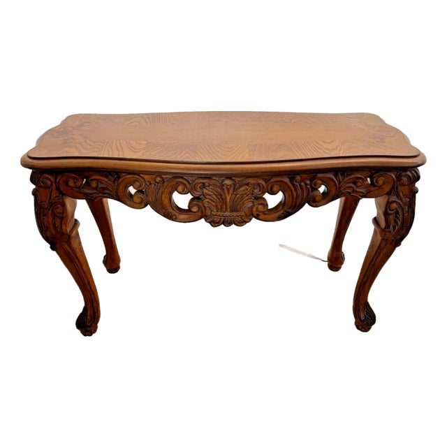 1990s Vintage Sofa Table Console French Style Ornate Side Carvings Oak Inlays For Sale