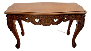 1990s Vintage Sofa Table Console French Style Ornate Side Carvings Oak Inlays