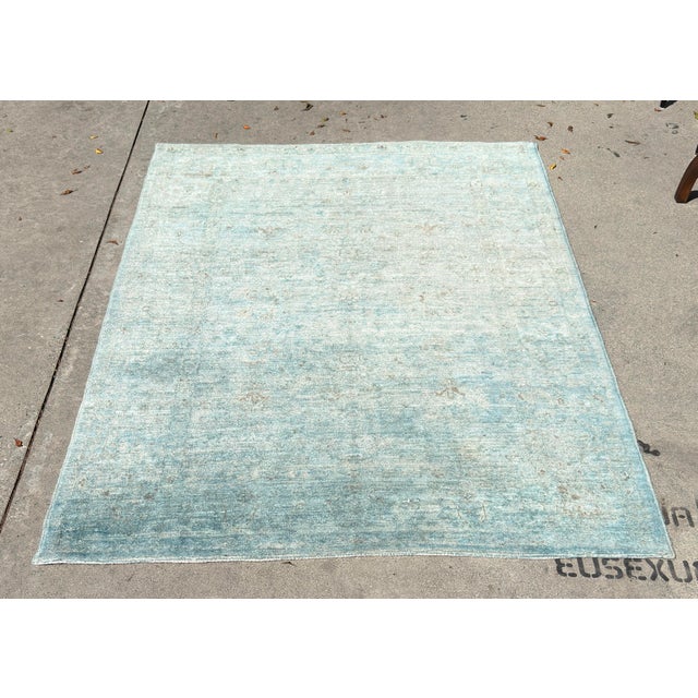 Traditional Modern Teal & Beige Traditional Oushak Wool Area Rug For Sale - Image 3 of 5