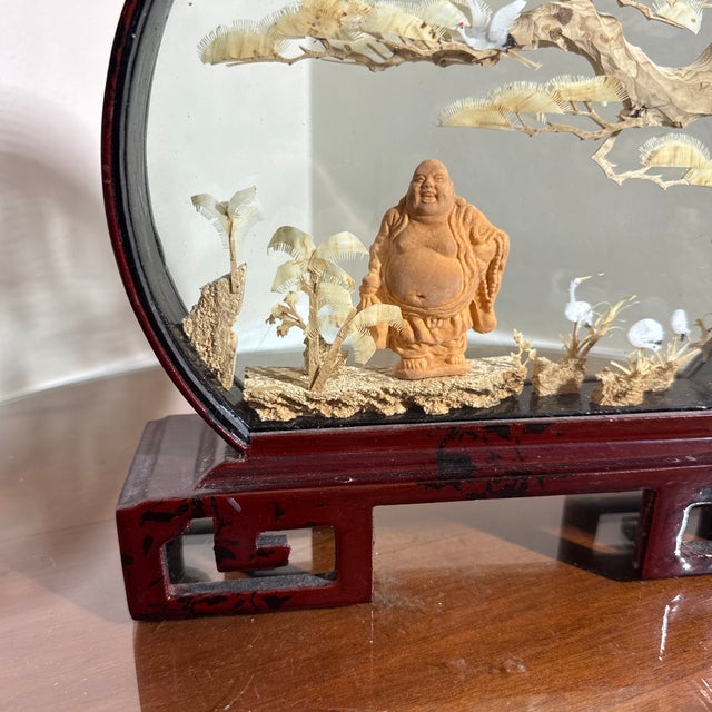 Boho Chic Vintage Asian Hand Carved Stork Scene in Round Glass Display Shadow Box For Sale - Image 3 of 10