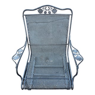 Vintage Russell Woodard Attributed Cantilever High Back Wrought Iron Briarwood Daisy Patio Chair For Sale