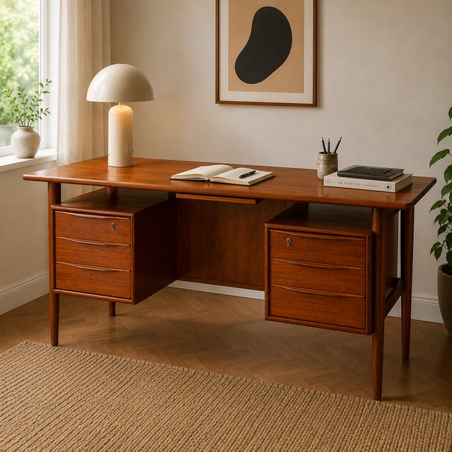 An exceptional freestanding desk by the renowned Danish manufacturer Peter Løvig Nielsen, crafted in the 1970s from high-...