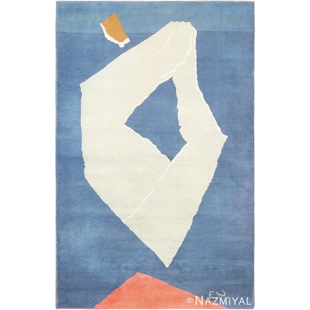 Artistically Beautiful Abstract Blue and White Color Vintage Art Pile Rug, Art Rug Origin: India, Date: Mid Century (20th)