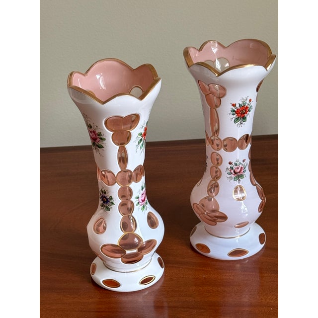 Pair of Antique Bohemian Cased Art Glass Vases White and Blush Pink Enamel Floral - 2 Pieces For Sale In New York - Image 6 of 11