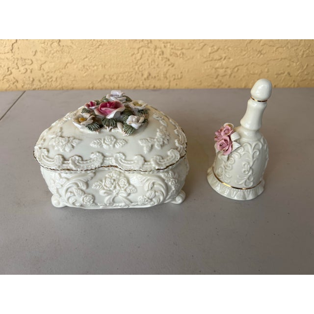 Mid 20th Century Vintage Victorian Floral Ceramic Heart Box and Bell For Sale - Image 5 of 9