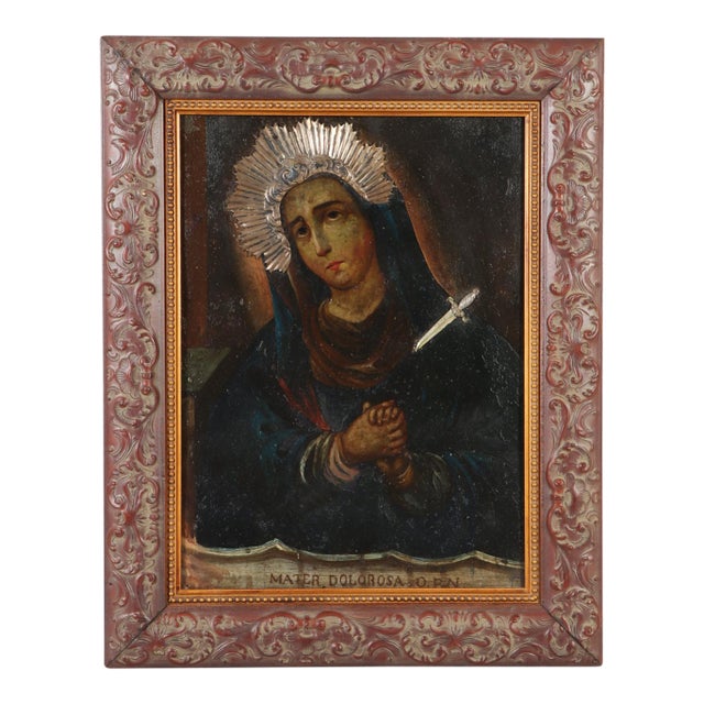 Mater Dolorosa, Oil on Metal With Silver Applique Resplendor and Dagger, 19th Century For Sale