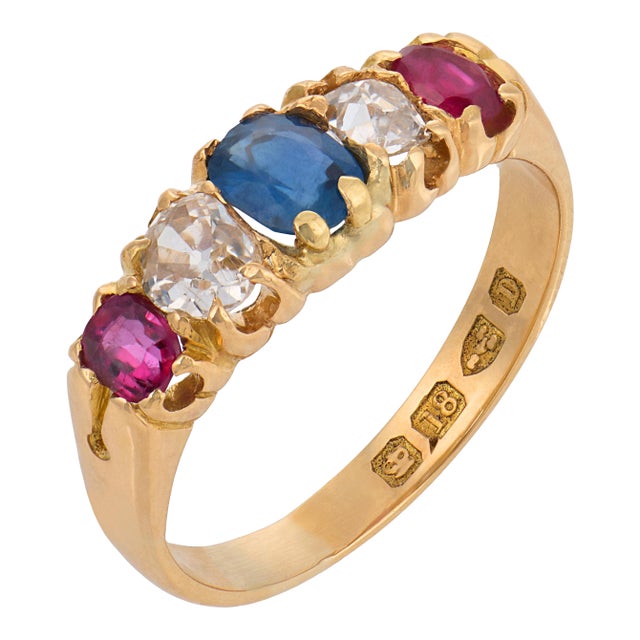 19th Century Victorian English Sapphire Ruby Diamond 18k Yellow Gold Five Stone Ring, Size 5.75 For Sale