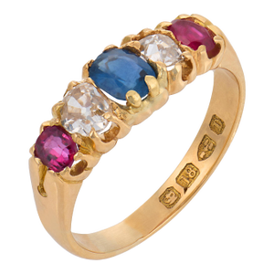 19th Century Victorian English Sapphire Ruby Diamond 18k Yellow Gold Five Stone Ring, Size 5.75