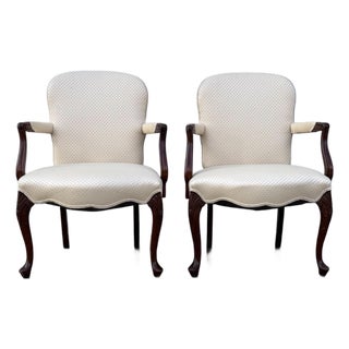 Pair of Vintage French Provincial Upholstered Armchairs With Cabriole Legs and Carved Details For Sale