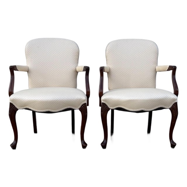 Pair of Vintage French Provincial Upholstered Armchairs With Cabriole Legs and Carved Details For Sale