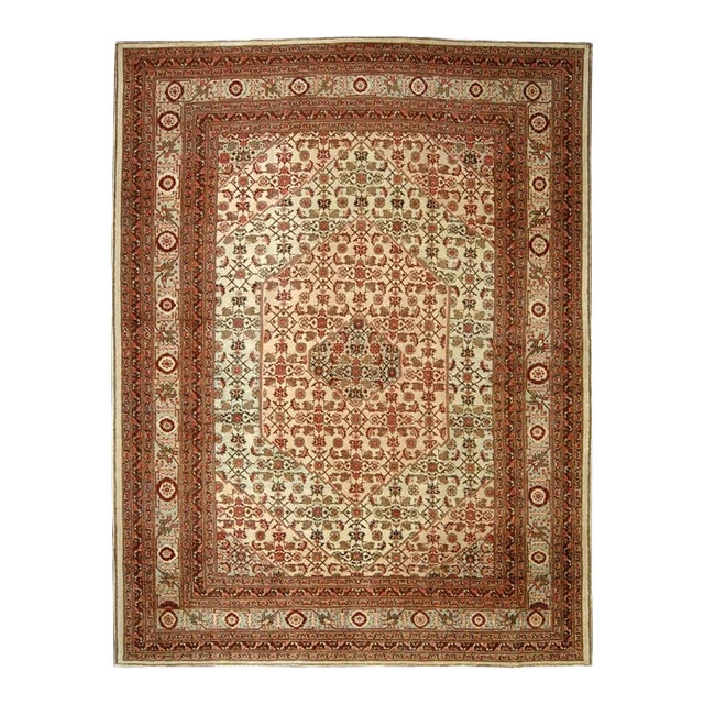 Early 20th Century Pistachio Field Persian Tabriz Mahi Fish Carpet For Sale