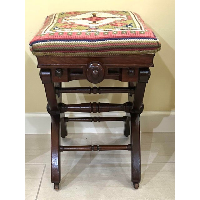 Victorian Antique, Victorian, Adjustable X-Frame, Mahogany Piano/Foot Stool, With Geometric, Needle-Point, Upholstered Top, Postawka, Cambridgeport, Mass, 1871 For Sale - Image 3 of 9