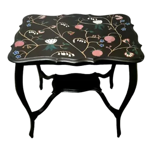 1930s Chippendale Style English Ebonized Wood Tea Table With Painted Top