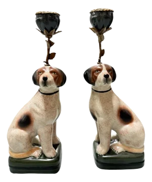 Pair of Beagle Dog Ceramic Candleholders