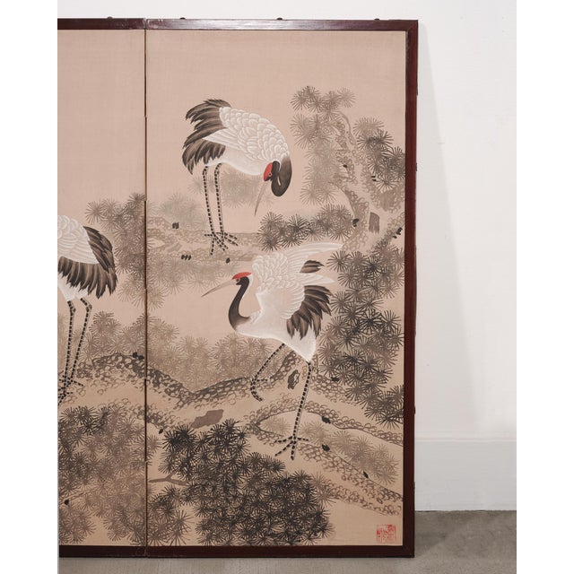 Japanese Style Showa Four-Panel Screen Cranes in Pine Trees For Sale In Sacramento - Image 6 of 18