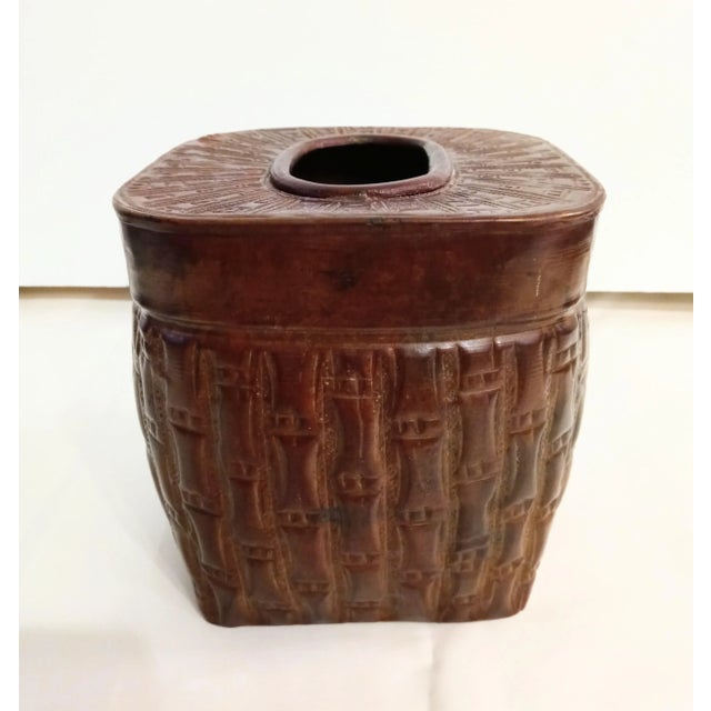 1970s Vintage Metal Dark Faux Wood Tone, Faux Bamboo Tissue Box Cover Holder For Sale - Image 5 of 5