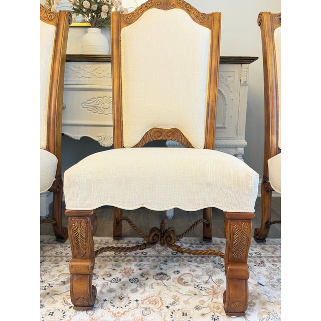 Wood Set of 6 European Barley Twist Carved Upholstered Dining Chairs, Late 20th Century For Sale - Image 7 of 12