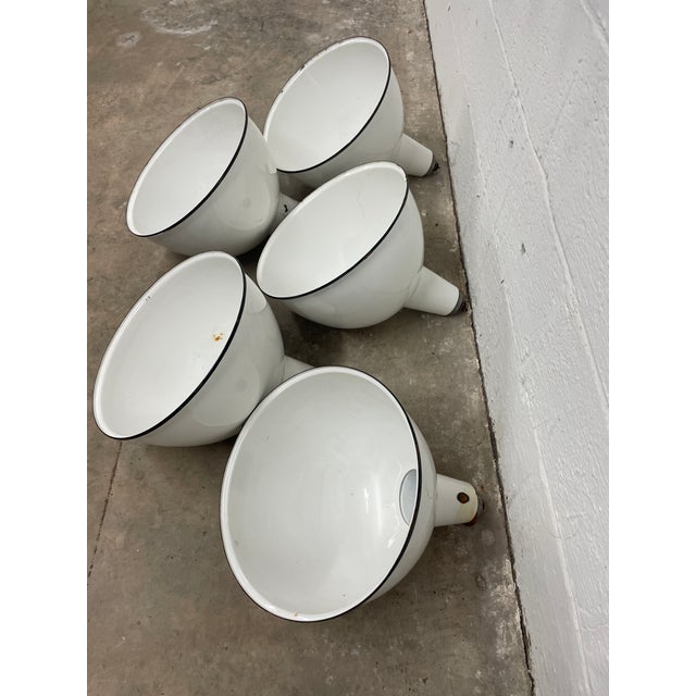 1950s White Porcelain Enamel Printing Press Factory Pendant Shades - Set of 5 For Sale In Mobile - Image 6 of 9
