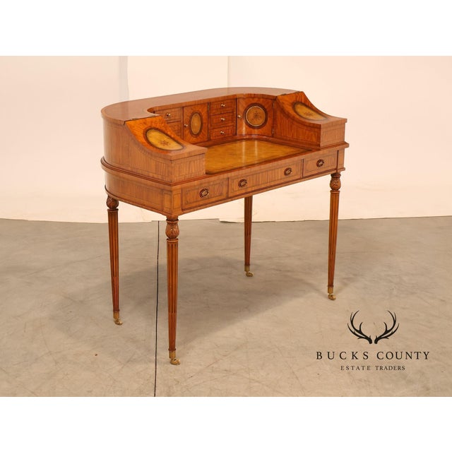 High Quality Satinwood Writing Desk with Assortment of Drawers and Storage, Decorative Leather Panels and Tooled Leather...