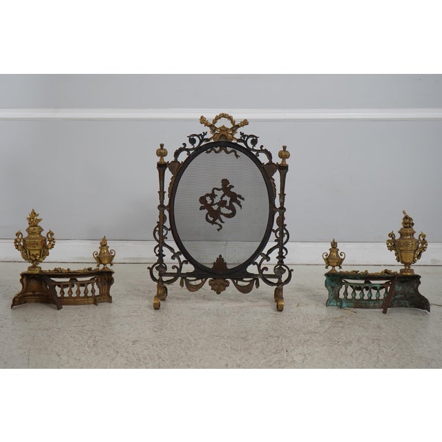 Vintage Louis XVI 19th Century Fire Screen Fireplace Andiron Set For Sale - Image 15 of 18