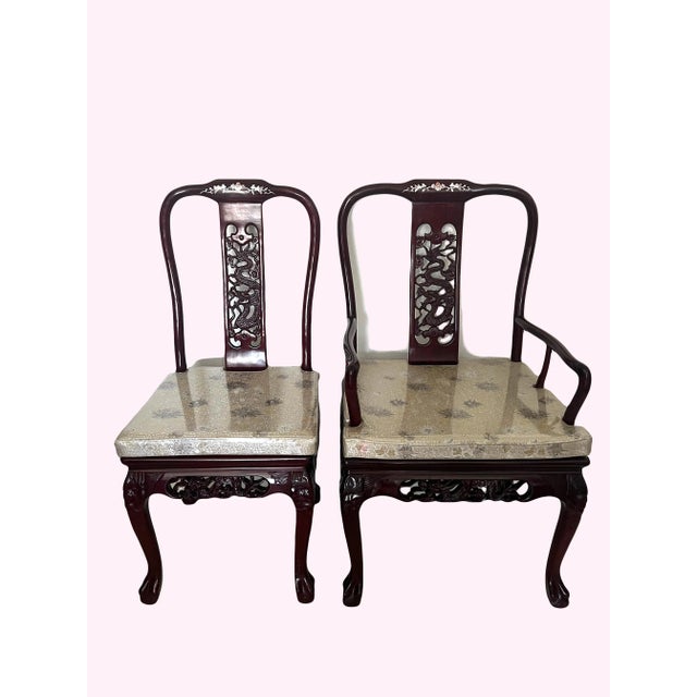 1970s Vintage Mother of Pearl and Solid Rosewood Inlaid Asian Chinoiserie Dining Set for 8 People, (10 Pieces Table and Chairs) For Sale - Image 5 of 12