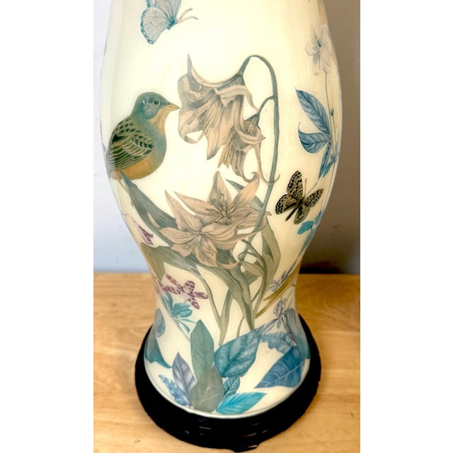 Pair of English Decoupage Yellow-Ground Bird & Botanical Lamps, circa 1970s For Sale - Image 4 of 13
